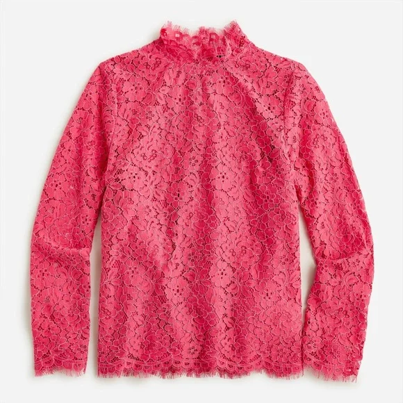 J. Crew Scalloped Lace Mockneck Top Vibrant Pink Lace Blouse Size 14 Sheer Glam - Picture 1 of 12